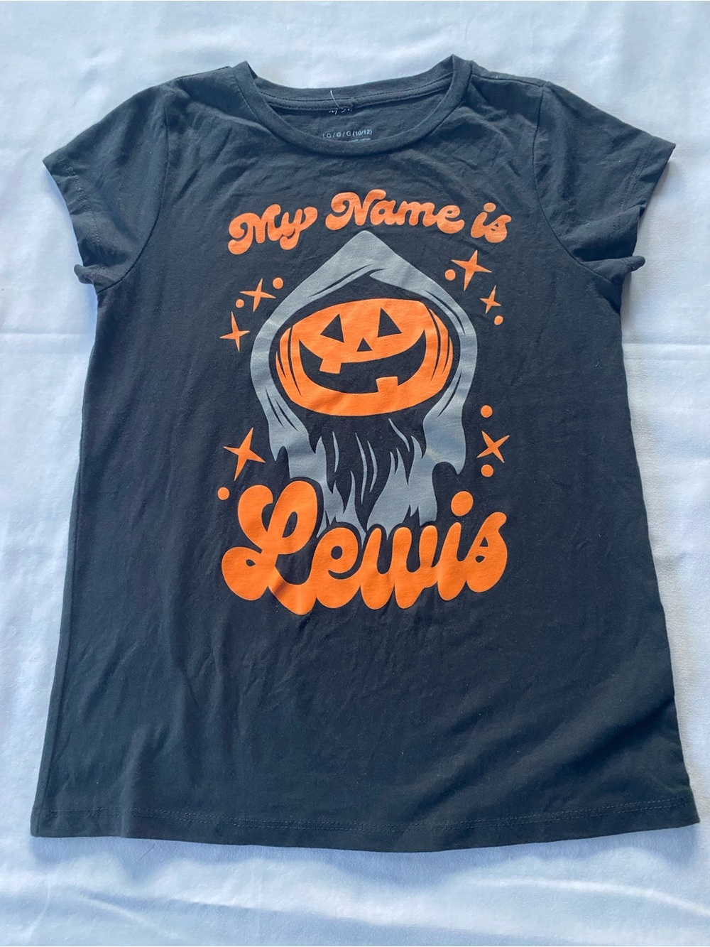 NWOT Kids Halloween Pumpkin "My Name is Lewis" T-Shirt Size Large 10/12